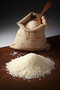 袋子背景图片_用木勺装在袋子里的白米