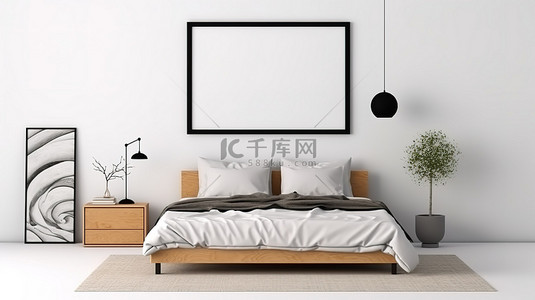 酒店海报背景图片_卧室环境中展示的海报框架的 3D 渲染，配有床枕头和靠白墙的床头柜