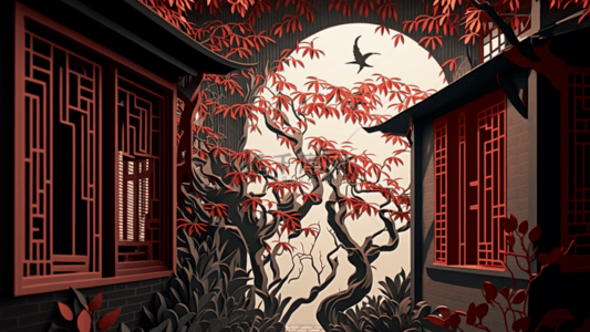 中国风窗户树木意境背景
