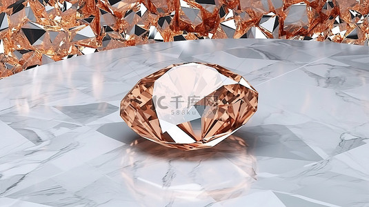 豪华大理石背景上闪闪发光的钻石完美的玫瑰金家居室内装饰和网站艺术品3D 渲染