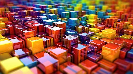 彩色几何方块的 3D 渲染，创建具有有趣反射的抽象背景