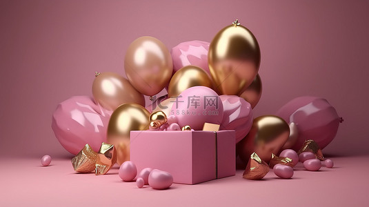 粉红色和金色气球的逼真 3D 渲染以及背景上带蝴蝶结的礼品盒