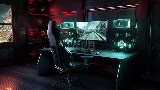 照片背景图片_带电脑和椅子的 3D 渲染游戏室的高质量背景照片