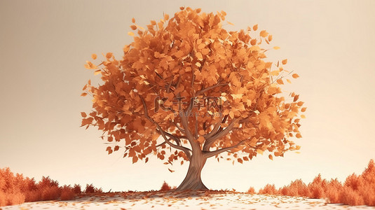 树上棕色叶子的自然秋季辉煌 3D 渲染