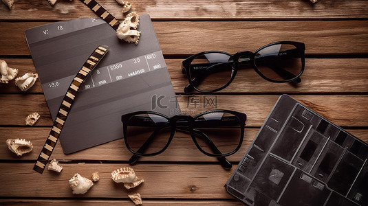 电影胶带背景图片_电影行业木质背景的顶视图与电影拍板电影胶带和 3D 眼镜