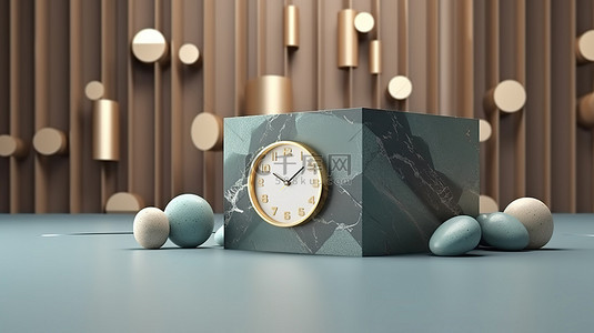 圆形木盒子背景图片_独特的石块时钟和盒子中的现代物体 3D 渲染用于社交媒体帖子
