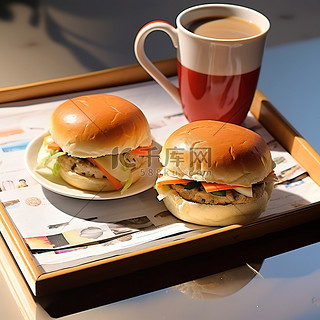 学习背景图片_一杯茶，旁边有两个烤面包和两个汉堡包