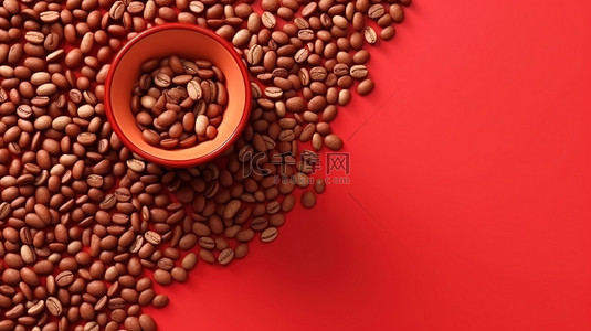 红色木桌上一堆棕色咖啡豆的顶视图 3D 渲染