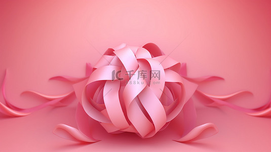 3d 粉红色背景上乳腺癌意识月的粉红丝带符号