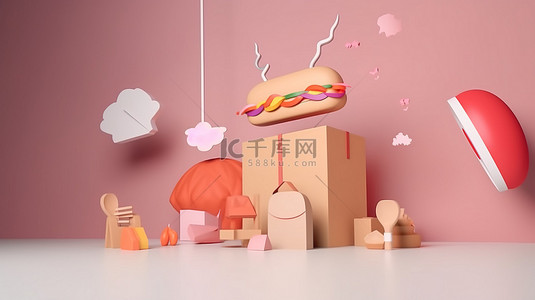 食品餐厅背景图片_带复制空间的卡通风格的在线食品配送概念背景上的食品和订单按钮的 3d 插图渲染