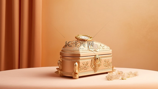 豪华宝箱，配有金色和米色背景 3d 渲染的珠宝