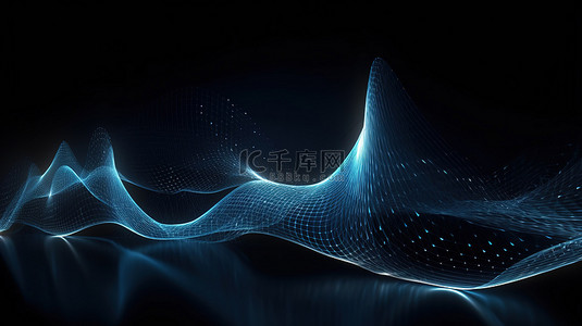 以 3d 形式呈现的蓝色抽象数字波形，在光线照亮的深色背景上连接点和线