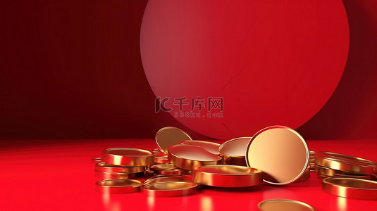 红色主题卡通背景图片_卡通风格 3d 渲染金币和红色背景上的锭非常适合财富主题的横幅卡片和具有充足文本空间的海报