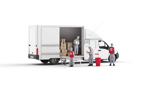 货车卡车运送纸板包裹箱，送货员在白色背景 3D 渲染上卸货