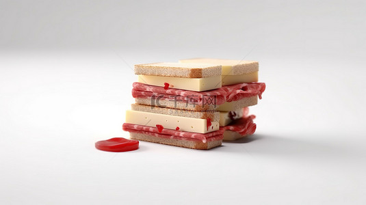 白色背景上呈扁平红色的奶酪和肉类三明治的单色 3D 图标