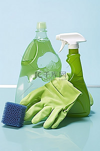 绿色清洁手套海绵和喷雾瓶
