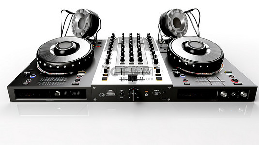 3D 渲染 DJ 混音器和转盘，白色背景上配有扬声器和耳机