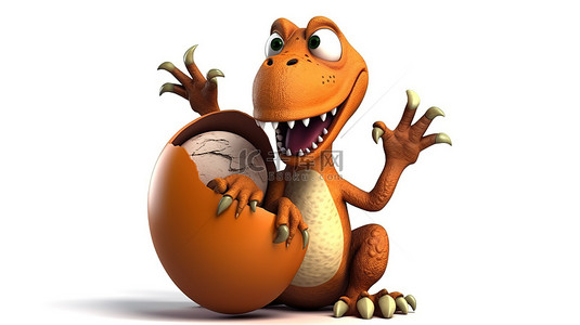 一个 3D 恐龙角色，滑稽地抓着一个巨大的蛋