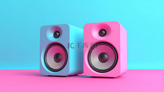 充满活力的粉红色背景 3D 渲染上的双色调蓝色音频工作室扬声器