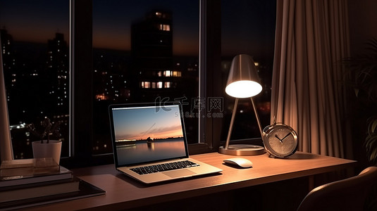 在黑暗中的现代办公室中，带有平板电脑屏幕的特写办公桌的 3D 渲染