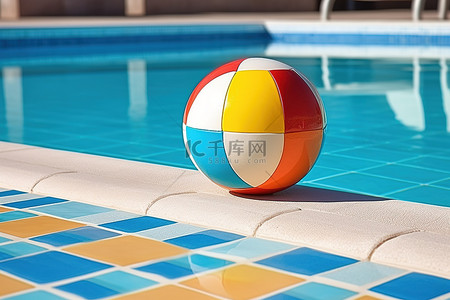 将球浮在人字拖附近泳池的毛巾上