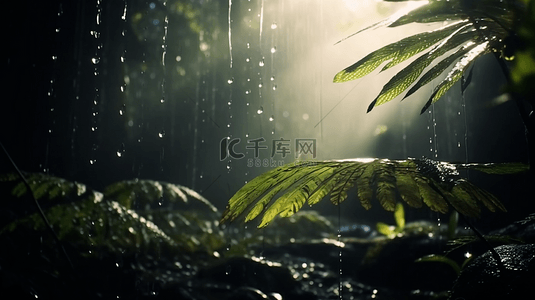 雨珠背景图片_树叶森林叶子雨珠热带树林自然生态背景