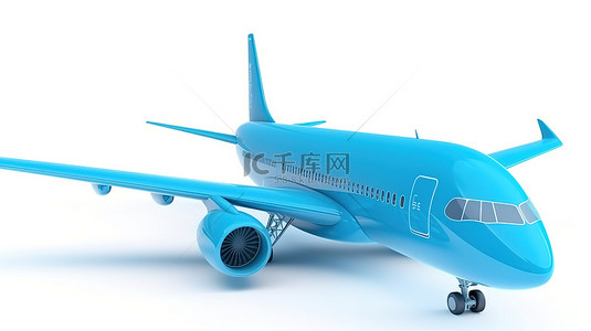 在飞机上卡通背景图片_带有空客机翼的蓝色玩具飞机 3D 在白色背景上呈现插图
