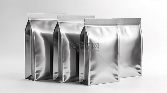 产品包装包装背景图片_铝空白袋包装样机的白色背景 3D 渲染