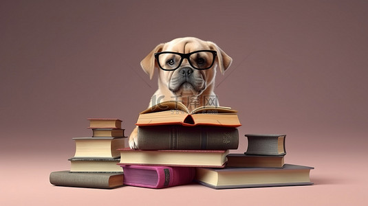 犬类学者 3D 渲染一只戴着眼镜被书包围的狗
