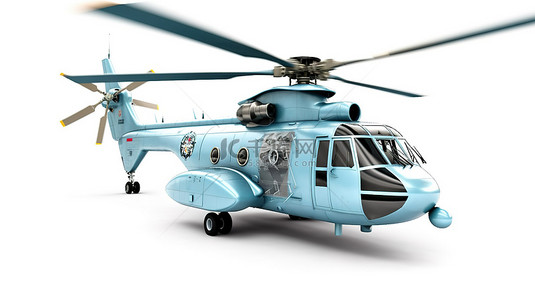 蓝色卡通旅游背景背景图片_白色背景下蓝色小型军用运输直升机的 3d 插图