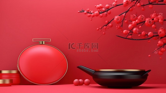 红色海报传统背景图片_3D 渲染的演示背景以红色中国平底锅和樱花中国灯笼为特色