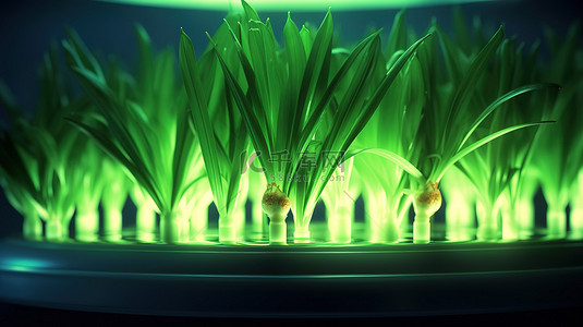绿色洋葱植物在 LED 生长灯下茁壮成长的 3D 插图