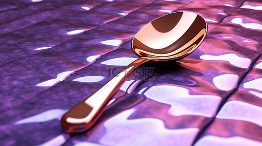 金色奢华背景图片_带金属铜叉子和勺子的紫罗兰色紫色地板的 3D 渲染