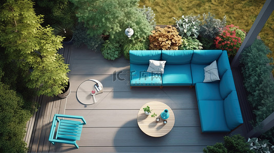 木甲板上蓝色沙发脚凳和咖啡桌的 3D 渲染，从高处俯瞰郁郁葱葱的花园