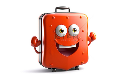 3D渲染白色背景，带红色金属保护盾人物吉祥物和橙色旅行箱