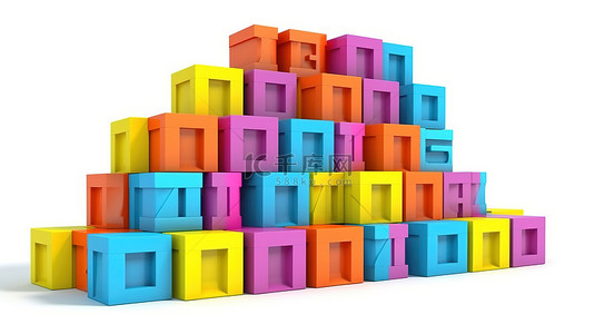 彩色盒子的 3D 渲染排列形成数字七十，隔离在白色背景上