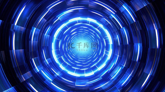 蓝色光环背景图片_蓝色霓虹灯的圆形隧道万花筒 3D 抽象插图