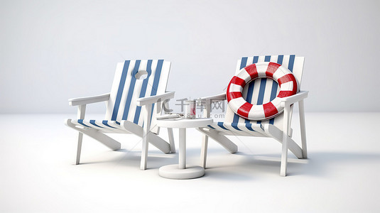 白色背景中 3d 渲染的救生圈和两张白色和蓝色沙滩躺椅