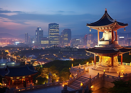 夜晚夜景背景图片_韩国城市夜景中的佛教寺庙