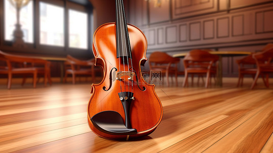 木桌上经典小提琴和弓的 3D 渲染