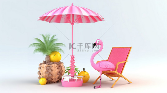 粉色菠萝背景图片_夏季必需品充气粉色火烈鸟沙滩椅伞凉鞋和菠萝果 3D 渲染