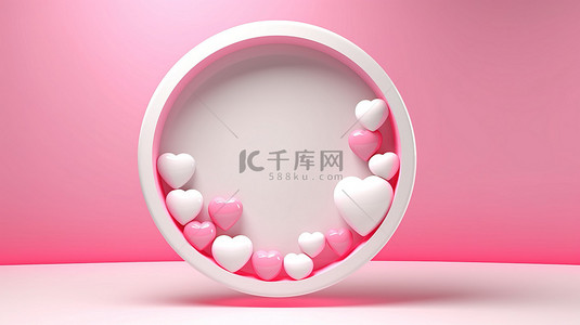情人节贺卡模板背景图片_爱在空气中庆祝情人节，粉红色和白色的 3D 心形背景非常适合贺卡和圆形横幅