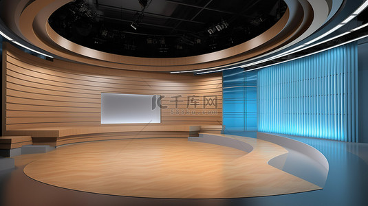 舞台背景图片_令人惊叹的 3D 插图中令人身临其境的虚拟新闻工作室背景