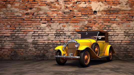 旅行背景图片_复古黄色汽车靠在砖墙上，以 3D 渲染并配有插图