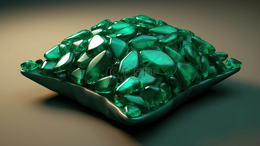 带有令人惊叹的祖母绿宝石的坐垫的 3D 渲染