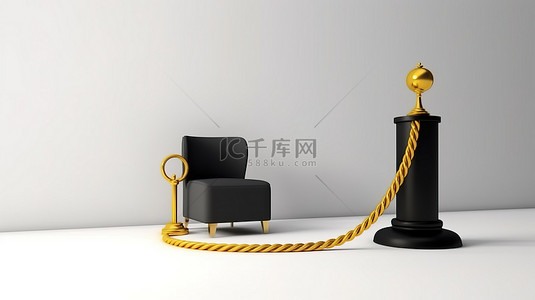 抖脚的老板背景图片_贸易展览摊位由屏障绳包围，配有黑色皮革老板办公椅和白色背景 3D 渲染图像上的金色奖杯