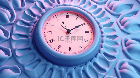 旧手表背景图片_带有图案粉色时钟的蓝色背景的 3D 渲染插图