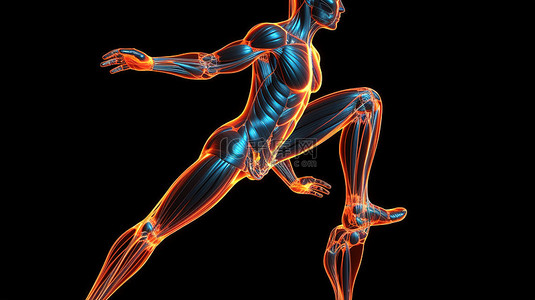 女性人物表演抬腿姿势的 3D 渲染中突出显示的可见肌肉