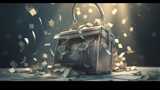 纸币和货币在 3d 渲染中从讲台上的袋子里爆出来