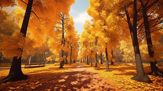 黄色和橙色的叶子装饰着秋天的森林 3d 插图